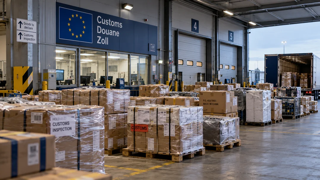 Cardboard parcels stacked at a European customs warehouse loading dock