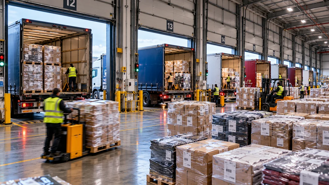 Rows of pallets loaded onto lorries at a busy UK distribution depot