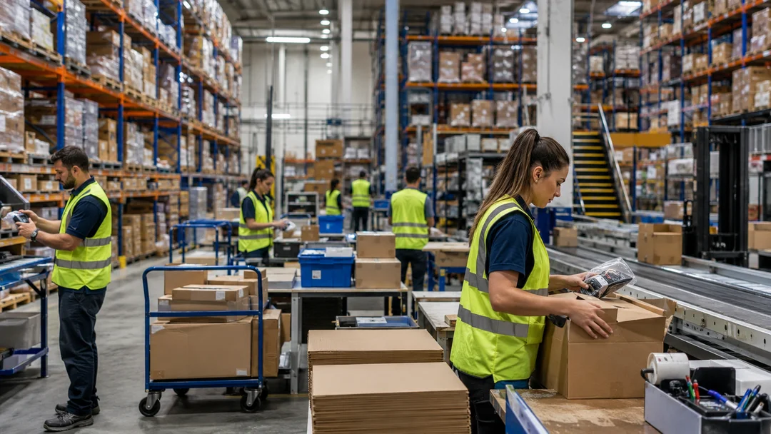 Mid-scale warehouse pick and pack operation during busy peak period