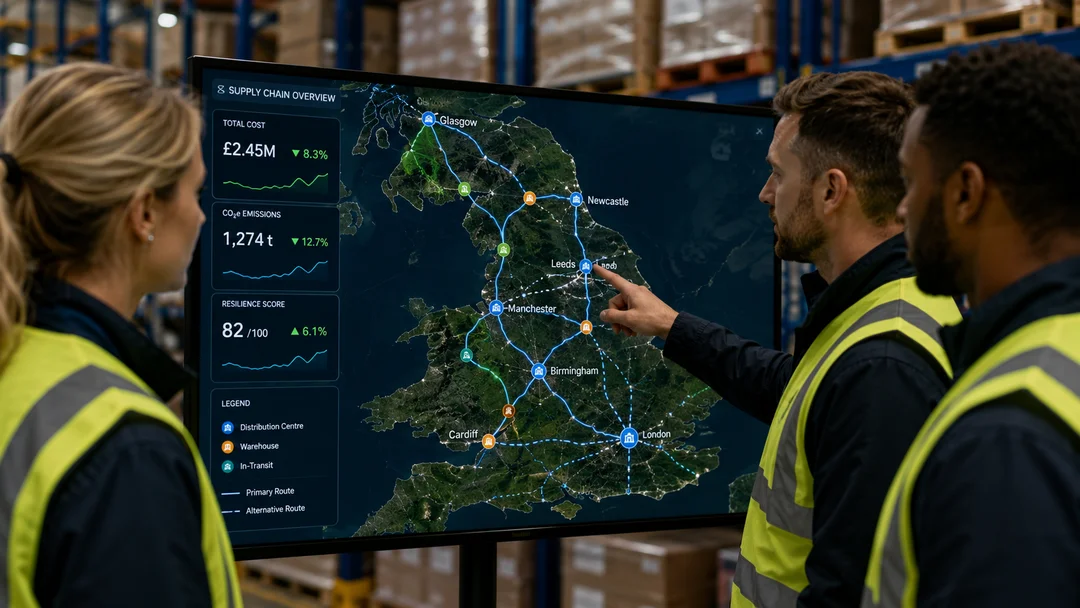 Logistics team in a warehouse reviewing UK transport routes and supply chain performance data on a large screen.