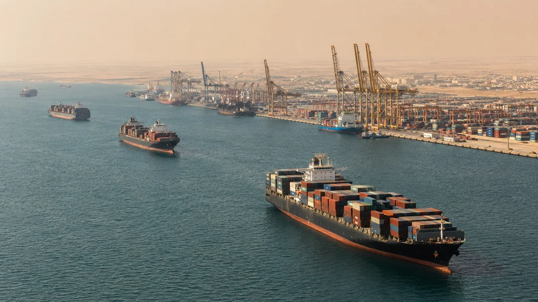 Container ships queuing outside a busy Middle Eastern port terminal