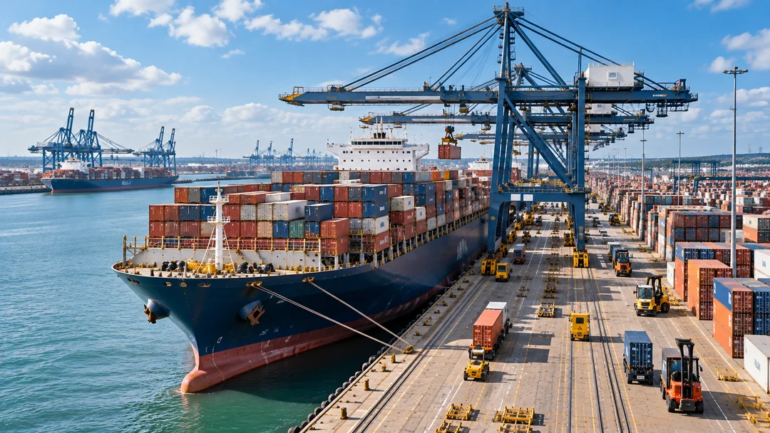 Container ship at a busy UK port, dockside cranes visible in daylight