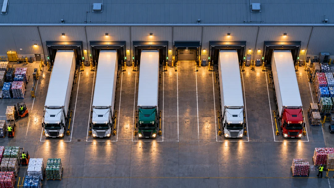 Aerial view of articulated lorries at a UK distribution centre loading bay
