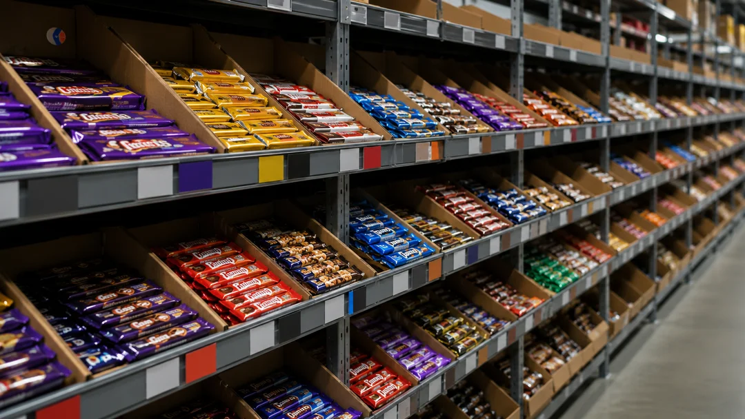 Rows of confectionery products on a warehouse pick shelf, multiple SKU variants