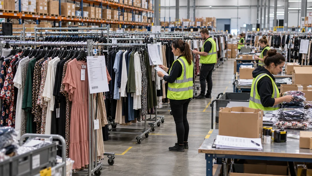 Rows of garments on hangers in a busy fashion warehouse with paperwork visible