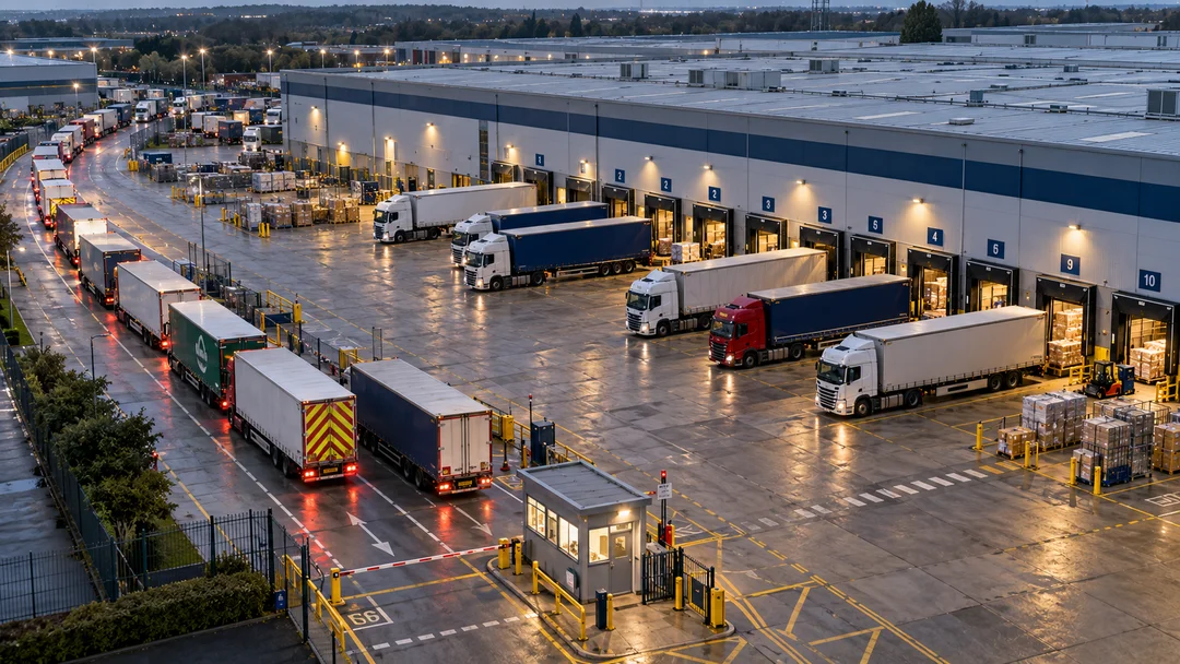 Busy UK logistics yard with lorries queued at warehouse loading bays