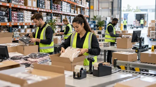 Busy retail fulfilment centre with workers picking and packing orders