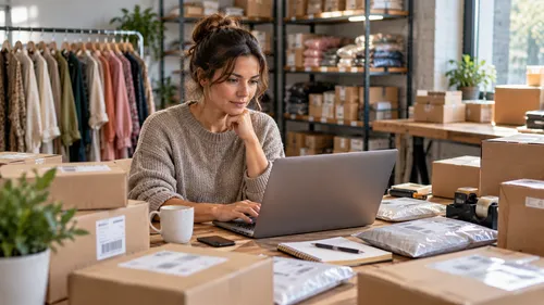 Small business owner reviewing fulfilment options on a laptop surrounded by parcels