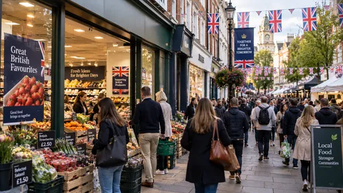 Busy high street retail store with packed shelves during a civic event