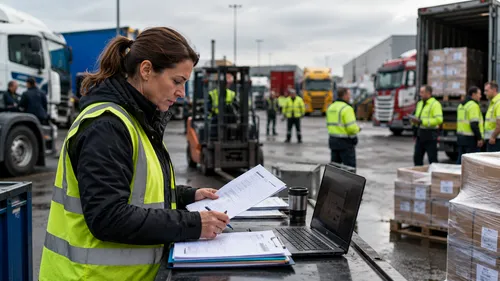 Logistics coordinator reviewing paperwork at a busy multi-party freight depot