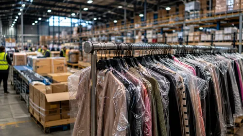 Rail of packed garments in a busy UK fashion distribution warehouse