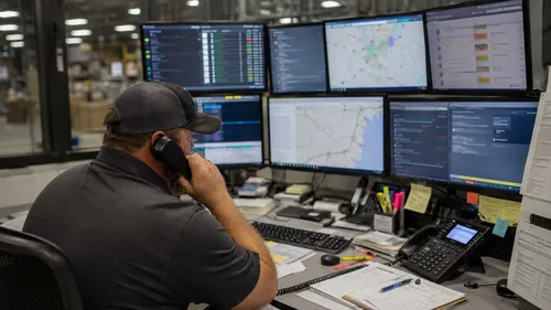 Freight dispatcher at a computer workstation surrounded by paper notes and screens