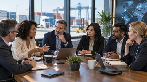 Six diverse logistics executives seated around a conference table in discussion