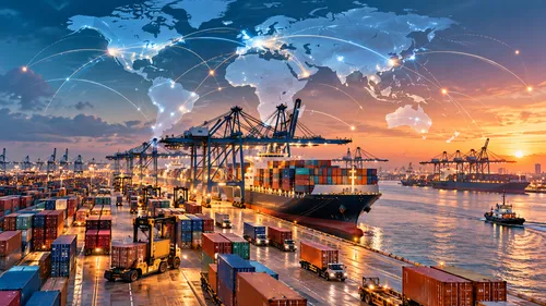 Cargo containers at a busy port with a world map overlay showing trade routes