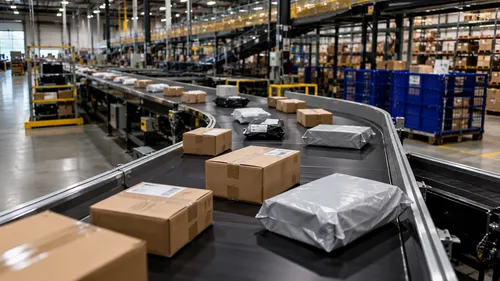 Parcels on a conveyor belt at a busy UK retail fulfilment centre
