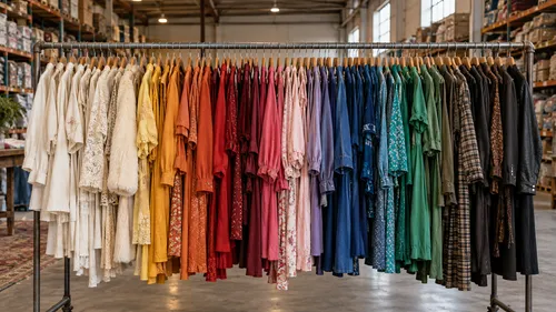 Rail of vintage clothing garments sorted by colour in a warehouse