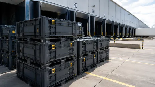 Reusable transit crates stacked on a warehouse loading dock awaiting return collection