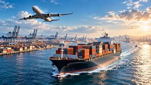 Container ship leaving port at dusk with airfreight cargo plane overhead