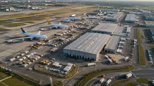 Aerial view of a large European cargo airport hub with freight aircraft and warehouses