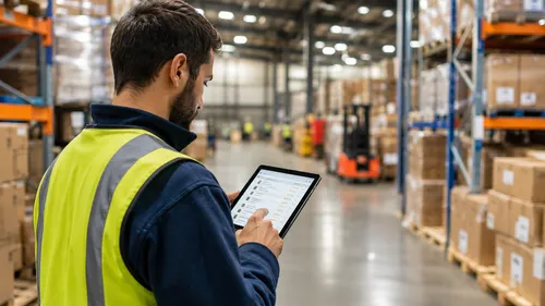 Warehouse operative reviewing a checklist of logistics providers on a tablet