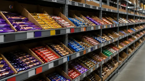 Rows of confectionery products on a warehouse pick shelf, multiple SKU variants