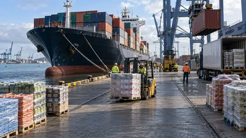 Containers on a cargo ship docked at a UK port with food pallets visible
