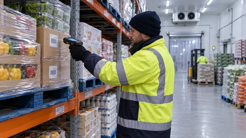 Worker scanning pallet barcodes in a temperature-controlled food warehouse