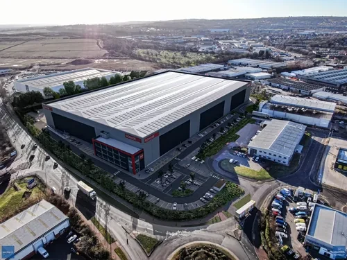 Aerial view of iPort logistics park and rail freight terminal, Doncaster, South Yorkshire