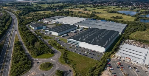 Aerial view of SEGRO Logistics Park East Midlands Gateway, Castle Donington, near Leicester, with the M1 motorway interchange visible